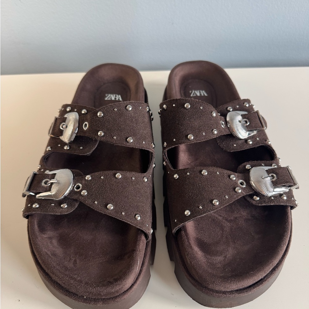 Zara 38 Dark Brown Suede Sandals with Silver Accents